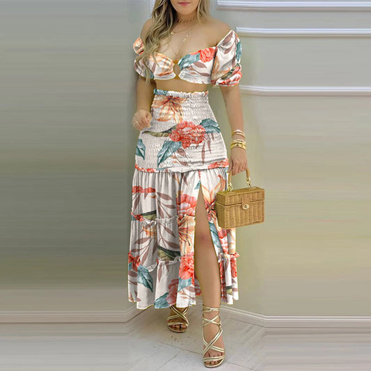 Elegant Floral Print Suit – High Waist Comfortable Dress with Slit for Women