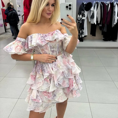Elegant V-Neck Pleated Dress – High Waist Printed Evening Gown