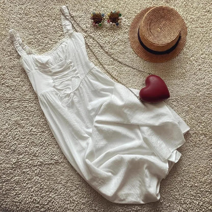 Boho-Inspired White Corset Midi Dress – Lace-Up Elegance for Summer Days