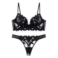 French Style Embroidered Lingerie Set – Deep V Plunge Bra & Sheer Thong for Women