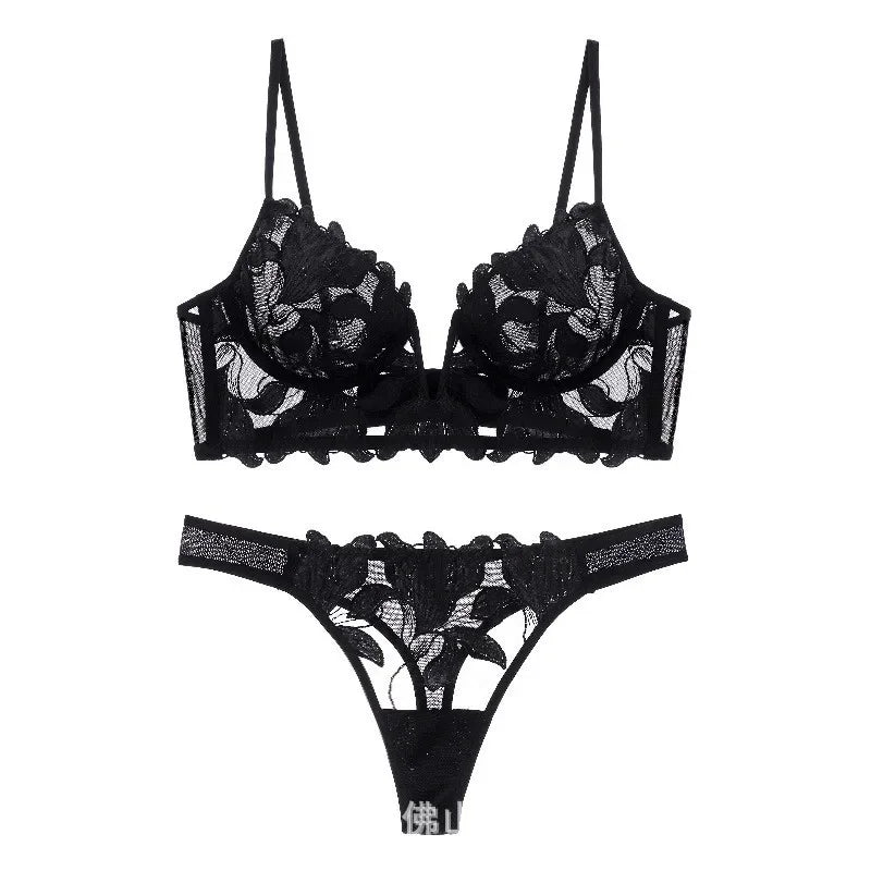 French Style Embroidered Lingerie Set – Deep V Plunge Bra & Sheer Thong for Women