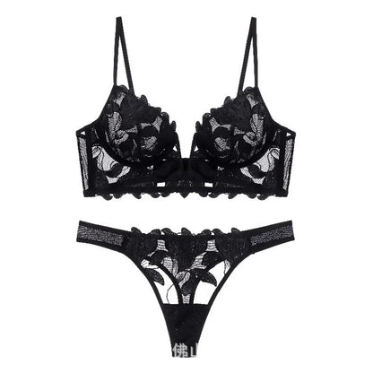 French Style Embroidered Lingerie Set – Deep V Plunge Bra & Sheer Thong for Women