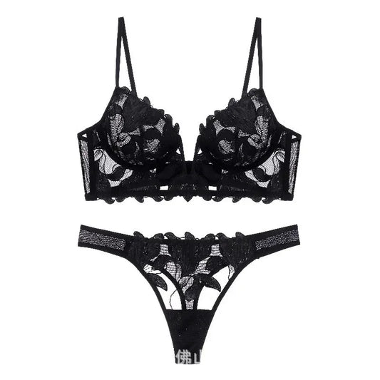 French Style Embroidered Lingerie Set – Deep V Plunge Bra & Sheer Thong for Women