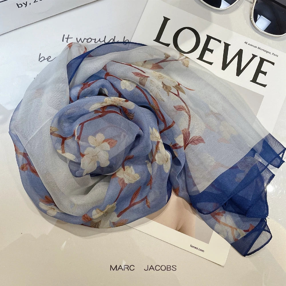 Luxury 100% Silk Shawl – Elegant Blue Scarf Cape C255 for Spring & Summer