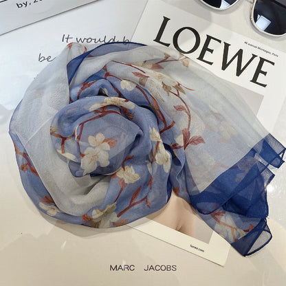 Luxury 100% Silk Shawl – Elegant Blue Scarf Cape C255 for Spring & Summer