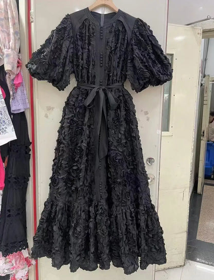 Blooming Grace – 3D Floral Bubble Sleeve Evening Dress