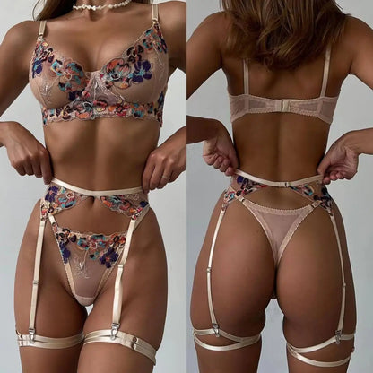 Women’s Luxury Embroidery Lingerie Set – 4Pcs Erotic See-Through Garter Intimate Kit