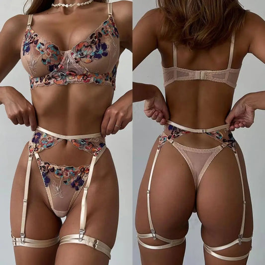 Women’s Luxury Embroidery Lingerie Set – 4Pcs Erotic See-Through Garter Intimate Kit