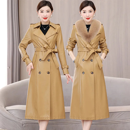 Trendy Sheepskin Leather Coat – Long Over-Knee Autumn Winter Fashion for Women