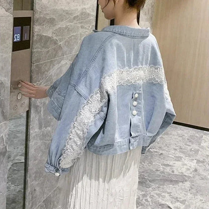 Elegant Lace-Trimmed Denim Coat – Women’s Spring/Autumn Designer Jacket