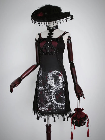 Original Alice Girl Dragon Print Dress – Light Lolita Gothic Punk Slip Dress