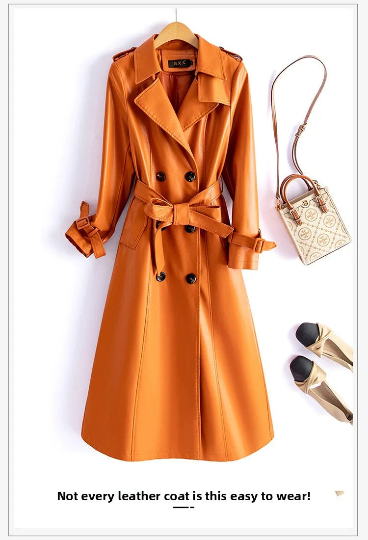 Trendy Sheepskin Leather Coat – Long Over-Knee Autumn Winter Fashion for Women