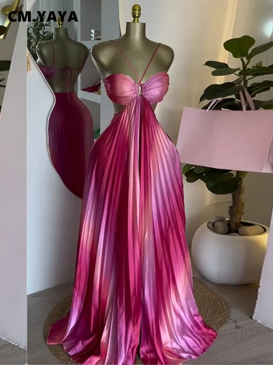 Elegant Gradient Pleated Long Dress – CM.YAYA Summer Statement