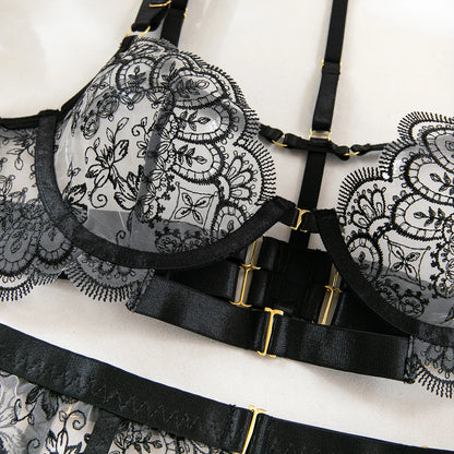 Seductive Transparent Lingerie – Embroidered Metal Buckle Set for Bold Confidence