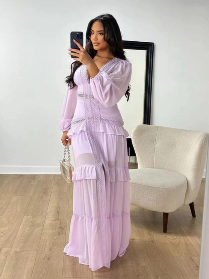 Elegant Ruffle Hollow-Out Maxi Dress – Summer Party Chic