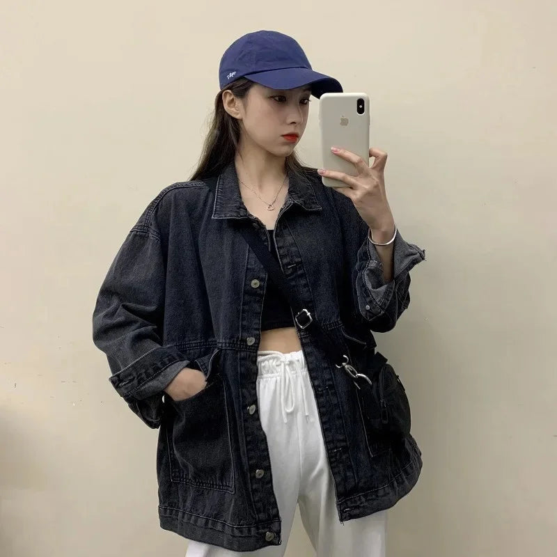 Versatile BF Fit Denim Jacket – Harajuku Casual Streetwear for Women