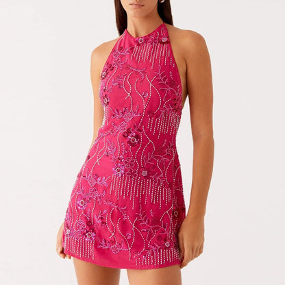 Sparkling Floral Embroidery Party Dress – Sexy Backless Mini Gown for Women