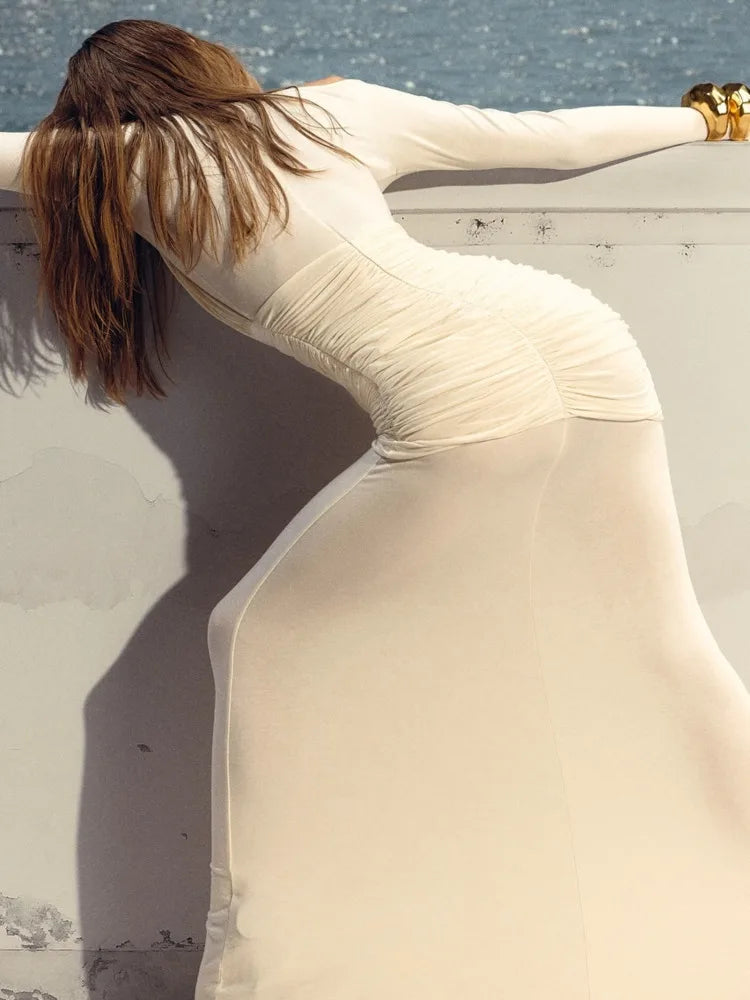 Elegant Autumn Party Dress – Sheer Mesh Long Sleeve Bodycon Look