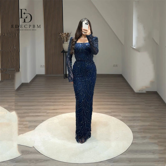 Luxury 2025 Navy Blue Evening Dress – Beaded Lace Mermaid Fit