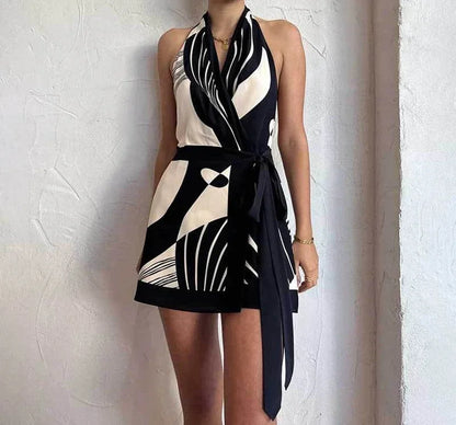 Sexy Halter Neck Backless A-Line Dress – Summer Club Print V-Neck Mini Dress 2024