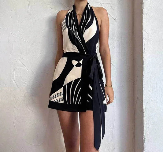 Sexy Halter Neck Backless A-Line Dress – Summer Club Print V-Neck Mini Dress 2024