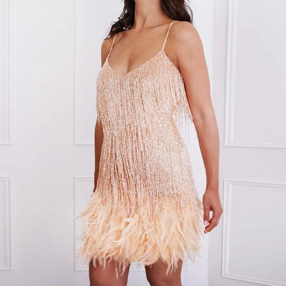 Feather Trim Sparkle Mini Dress – Club & Prom Edition