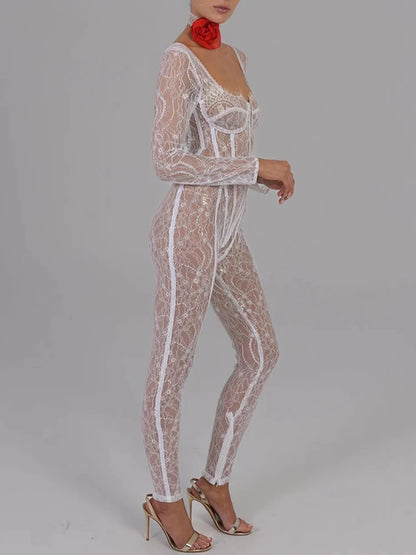 Sexy White Lace Jumpsuit – Fantoye Long Sleeve Club & Party Romper