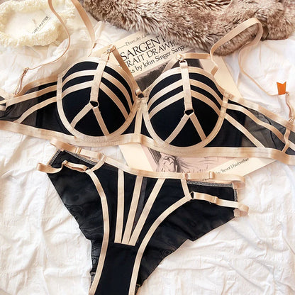 Supportive Lace Bra & Panty Set – Straps Gathered Anti-Sagging Soft Steel Ring Underwear