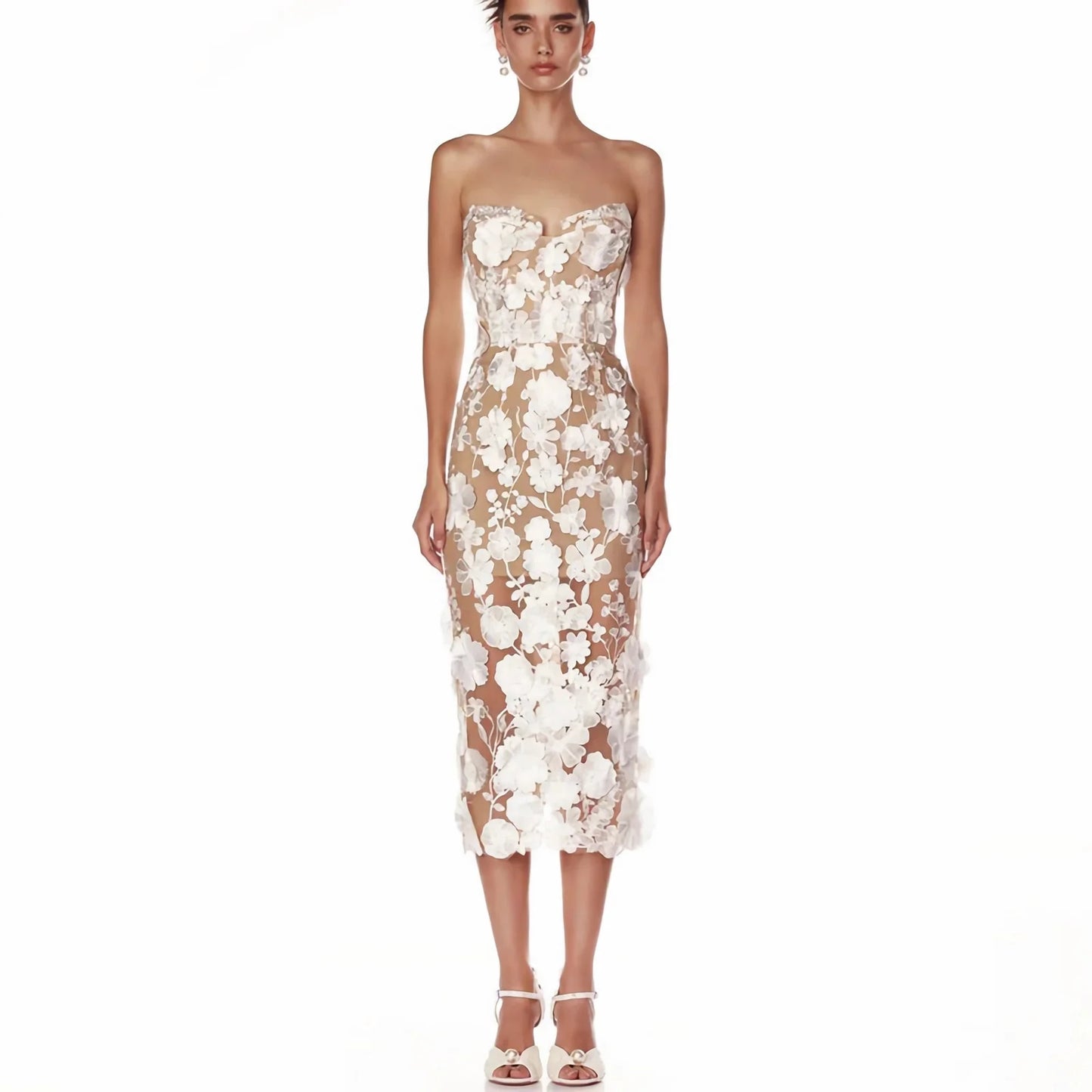 Glamorous Slim Fit Party Dress – Long Floral Embroidered Lace Dress for Women