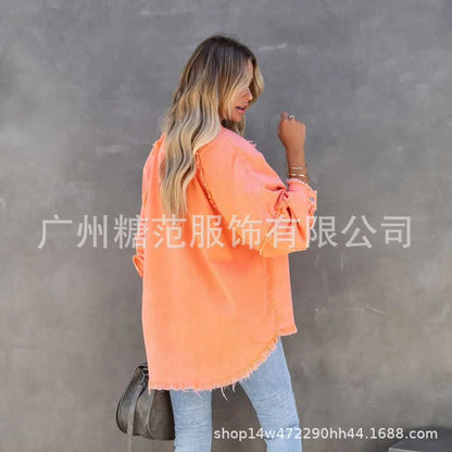 Women’s Vintage Frayed Edge Mid-Length Jean Coat – Colorful Patch Jacket