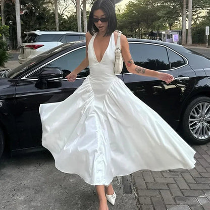 Talenza Summer Sleeveless Halter Dress – Elegant White Evening Gown