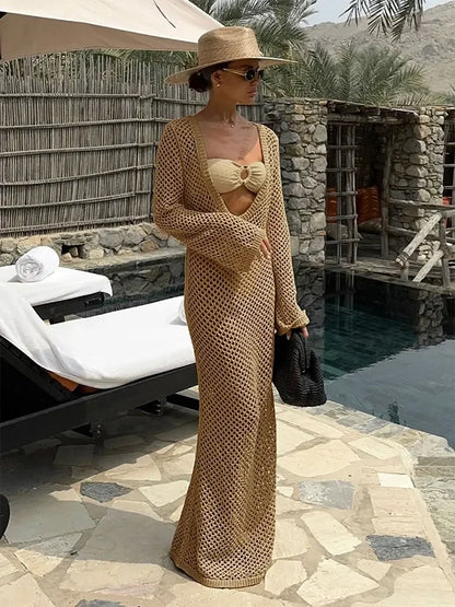 Summer 2024 Bell Sleeve Knit Beach Cover-Up Maxi Dress