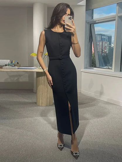 Elegant 2025 Belted Tank Dress – Slim Fit Sleeveless Street Style
