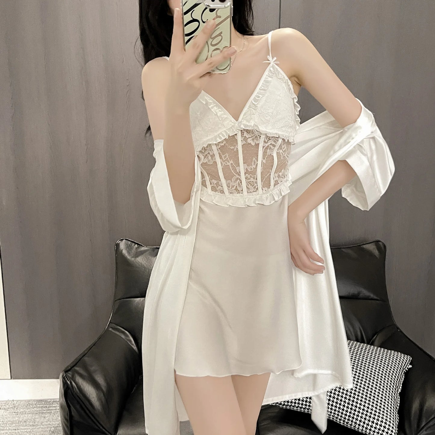 Elegant Women’s Satin Nightgown & Robe Set – Deep V Lace Homewear Suit