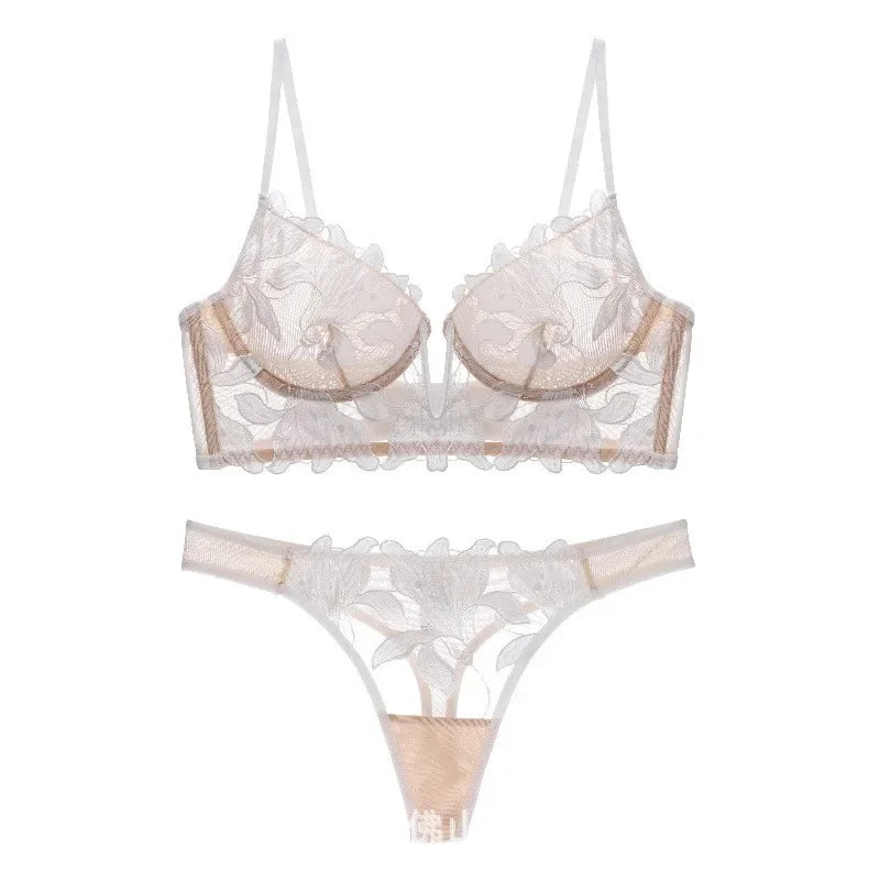 French Style Embroidered Lingerie Set – Deep V Plunge Bra & Sheer Thong for Women