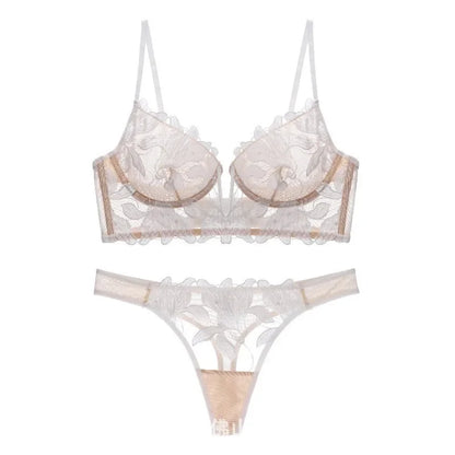 French Style Embroidered Lingerie Set – Deep V Plunge Bra & Sheer Thong for Women