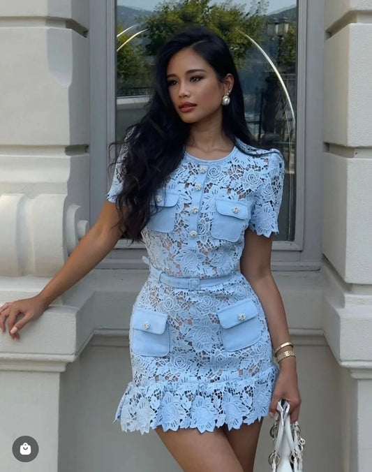Elegant Street Style: Blue Lace Hollow Out Bodycon Dress with Belt