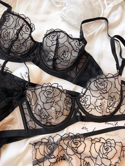 Rose Embroidery Plus Size Lingerie – Anti-Sagging Soft Steel Ring Bra Set for Women