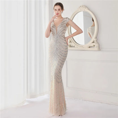 Glamorous Beaded Mermaid Evening Dress – Elegant V-Neck Silhouette for Women
