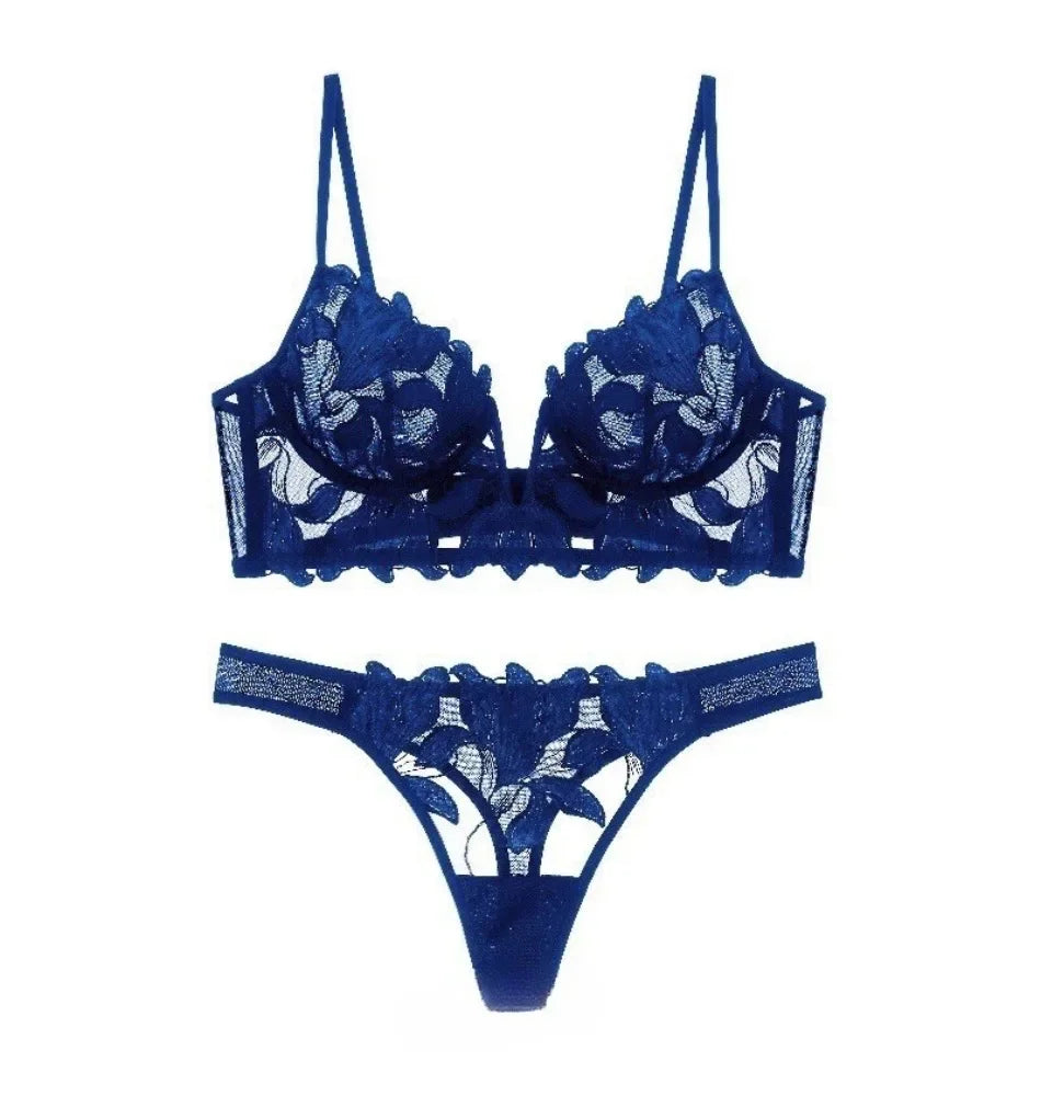 French Style Embroidered Lingerie Set – Deep V Plunge Bra & Sheer Thong for Women