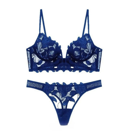 French Style Embroidered Lingerie Set – Deep V Plunge Bra & Sheer Thong for Women