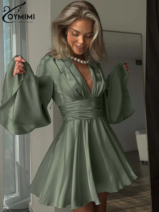 Satin Chic: Long Sleeve Green Pleated Mini Dress by Oymimi