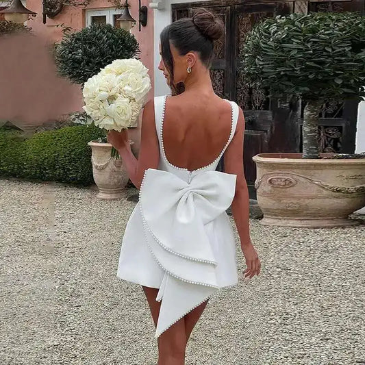 Sexy Backless Pearl Bow Dress – Townlike Women’s A-Line Mini Dress