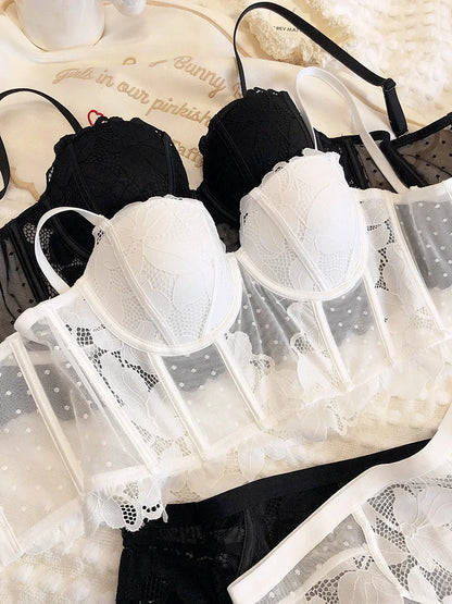 Black Mesh Dot Lace Underwear – 2-Piece Push Up Bra & Panty Set