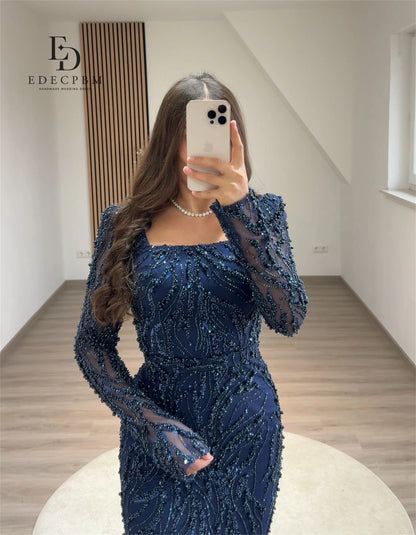 Luxury 2025 Navy Blue Evening Dress – Beaded Lace Mermaid Fit