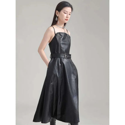 [Vibe] Black Leather Belted Dress – Sleeveless Fashion Loose Fit Women’s Dress