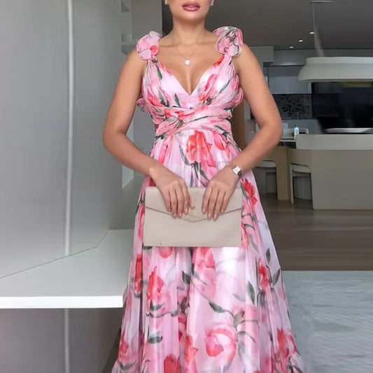 Floral Chiffon Ruffle Swing Dress – Sexy V-Neck Hollow Backless Summer Dress for Women