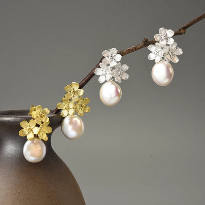 Lotus Fun Forget-Me-Not Flower Pearl Earrings – 925 Sterling Silver Elegance