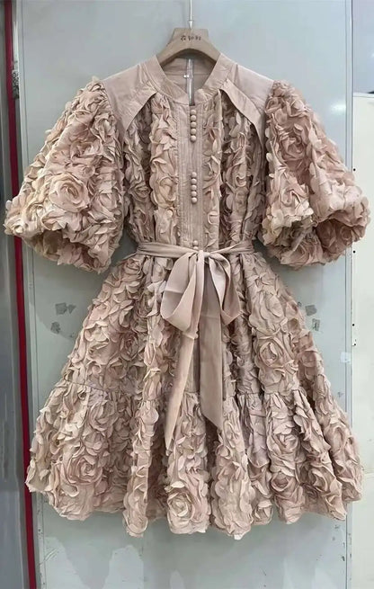 Blooming Grace – 3D Floral Bubble Sleeve Evening Dress