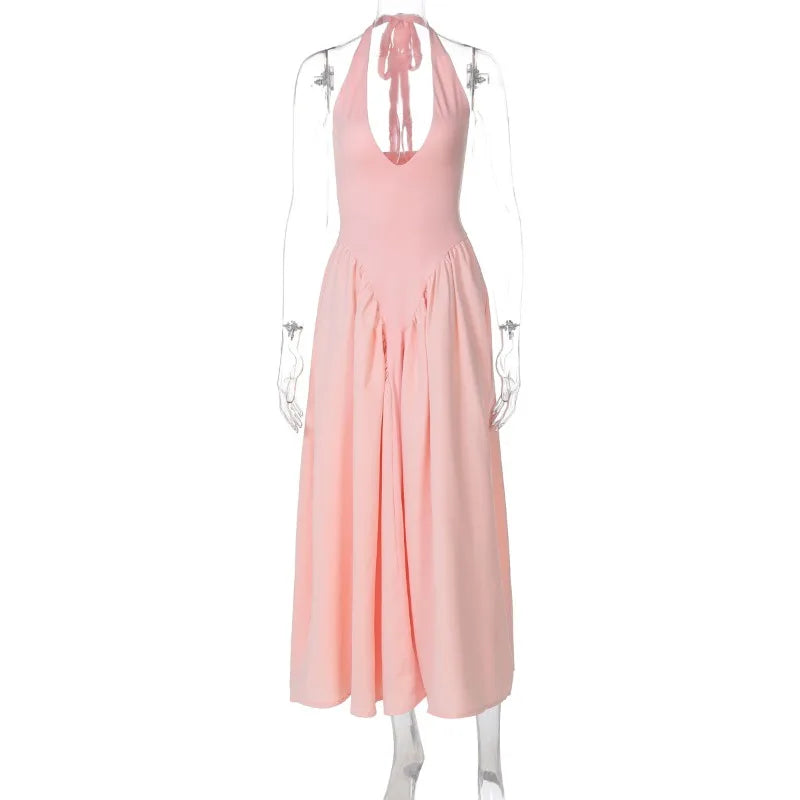 Talenza Summer Sleeveless Halter Dress – Elegant White Evening Gown